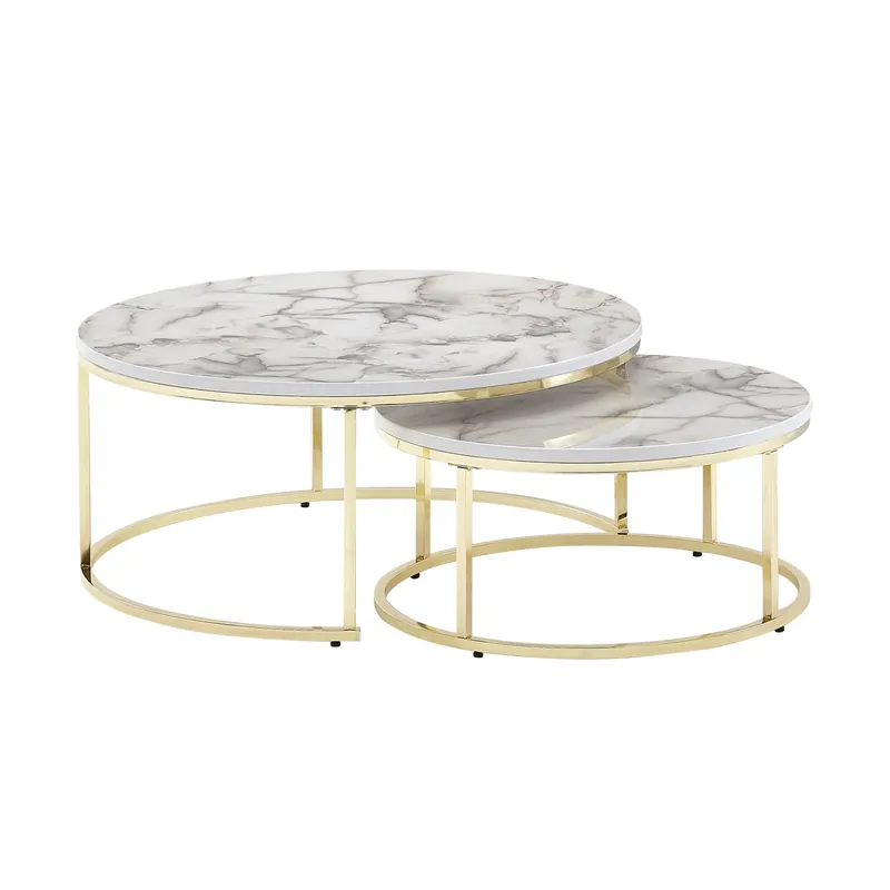 Couchtisch 2er Set Weiß Gold Marmor Optik Sofatisch Rund Modern Günstig