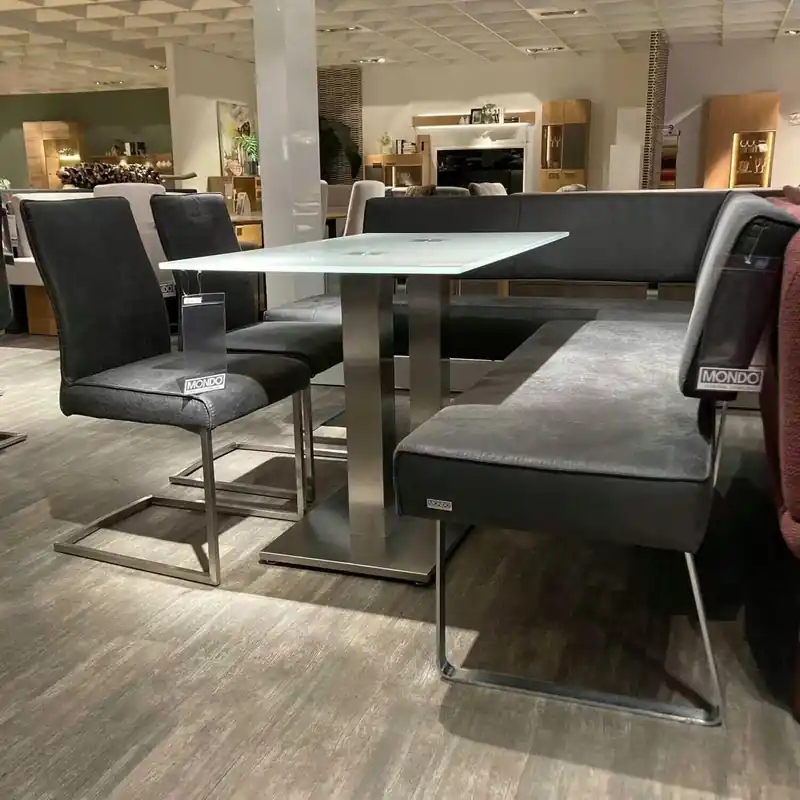 Essgruppe Tisch Glas Weiß Gestell Edelstahl mit Eckbank und 2 Stühlen Direkt Vom Hersteller