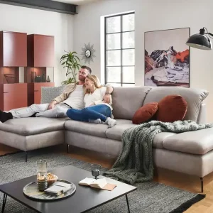 Nur Für Kurze Zeit Ecksofa Lavina mit Funktion in Leder Eisgrau